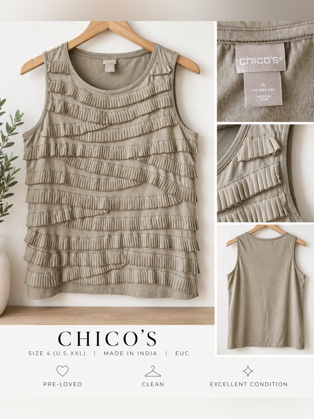 Chico's Sleeveless Pleated Ruffle Tank Top - Taupe Olive
